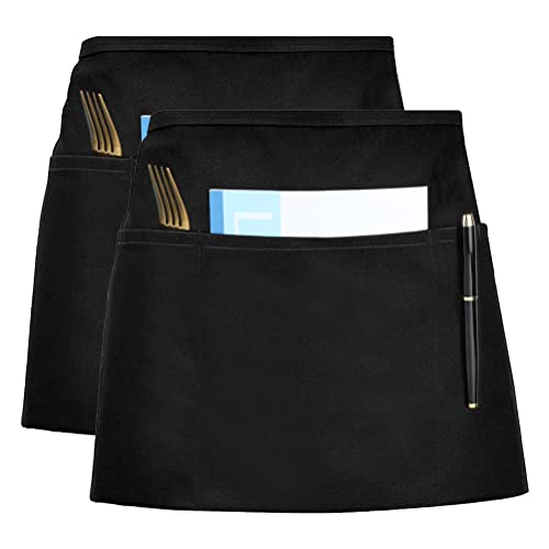 Yoosso 2 Stück Kellnerschürze, 50 x 32,5cm Kellner Schürze Schwarz Taillenschürze Vorbinder Schürzen mit 3 Taschen Unisex für Cafe Küche Restaurant Bar