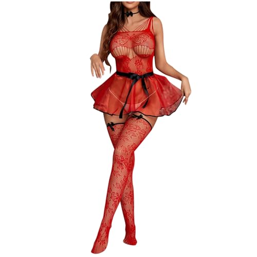 Sexy Dessous Größe 40 für Damen mit hoher Elastizität und hohem Netzstoff und Schleife Dessous Extrem(Rot,Einheitsgröße)