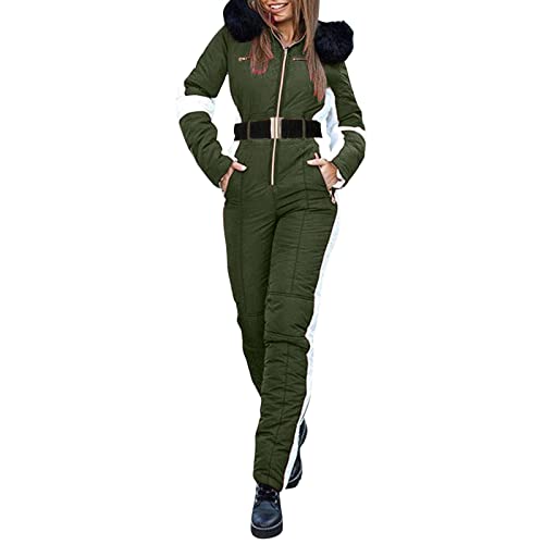 Schneeanzug Damen, Skianzug Damen 2 Teilig, Einteiliger Ski Overall Winter Warme Schneejacket Skifahren SäTze Outdoor Sport MitKapuze ReißVerschluss SkianzüGe Wasserdicht SkianzüGe (2-Army Green, L)