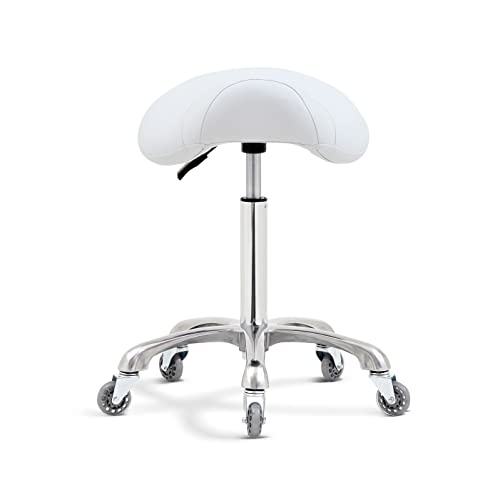 Antlu Sattelhocker Stuhl für Massage, Klinik, Spa, Salon, Schneiden, Sattelrollhocker mit Rollen, höhenverstellbar (weiß)