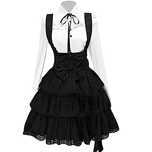 Lolita Kleid Damen Gothic Kleider Schwarz Spitzenkleid Langarm Revers Schleifenkleid Süßes Kleid Barock Rokoko Swing Kleider A-Line Rüschenkleid Große Größe Cosplay Kostüm Partykleid