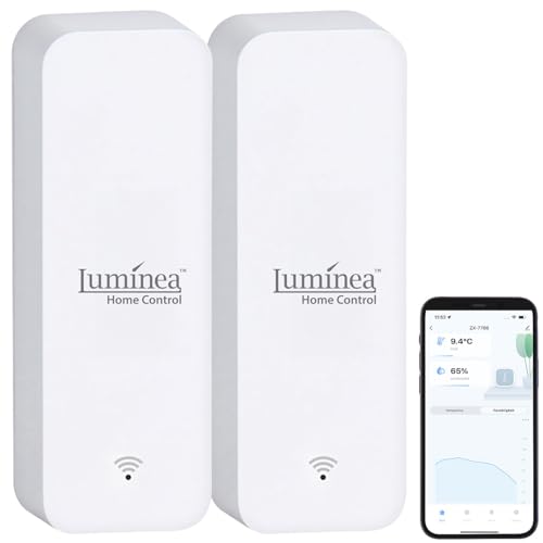 Luminea Home Control Temperatursensor: 2er-Set Temperatur- & Feuchtigkeits-Sensoren mit Bluetooth und App (Luftfeuchte, Thermometer Hygrometer Funk, Feuchtigkeitsmesser)