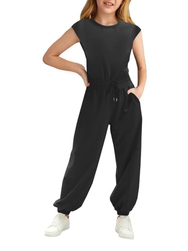 Haloumoning Mädchen Jumpsuits Kinder Mode Lange Hosen Mädchen Sommer Kurzarm Overall Casual Sport Jumpsuit, Schwarz, 12-14 Jahre