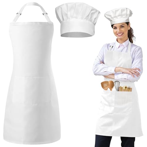 CHRI Kochmütze Schürze Set weiß Küchenschürze Verstellbare Kochschürze mit Taschen für Männer Frauen Küche Kochen Backen BBQ