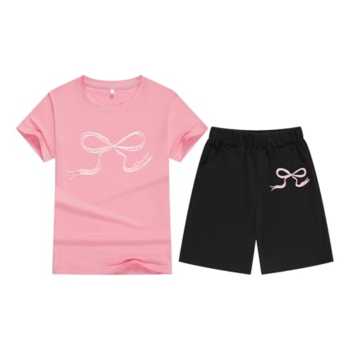 Sportbekleidung Kinder Mädchen 116 Set 2 Teiler Sportanzug Pink Ribbon Kurze Hose Und T-Shirt Rosa Sport Mode Sommer Outfit Freizeit Trainingsanzug Jogging Kleidung Lässige 2 Piece Set