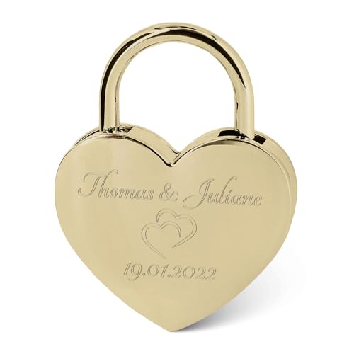 GRAVURZEILE Herzschloss mit Gravur - Personalisiertes Schloss in Gold mit Herzschlüssel - Personalisiert mit Namen & Datum - Geschenkidee zum Valentinstag - Geschenk für Sie & Ihn - Gold