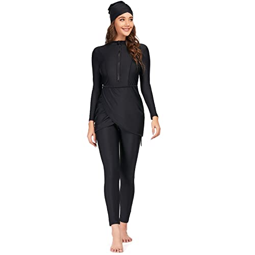 FYMNSI Muslimische Badeanzug Damen Bescheidene Bademode Islamisch Arabisch Schwimmkostüm Reißverschluss Langarm Top Hose Hijab 3er Burkini Set Modest Full Cover Muslim Badebekleidung Schwarz XL