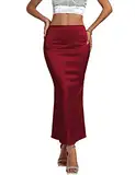 Rooscier Damen Satin Seide Bodycon Split Back Hohe Taille Elegant Club Maxi Rock, Weinrot, XX-Large