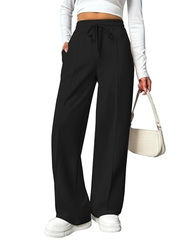 PINSPARK Damen Jogginghose High Waist Sporthose Weites Bein Sweatpants mit elastischem Bund Yogahose Trainingshose Fitness Sweathose Baggy Freizeithose mit Taschen Schwarz L