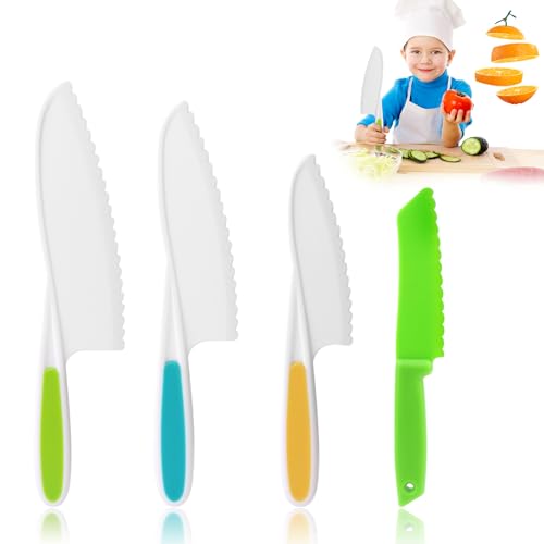 LDERFIV 4-teiliges Kindermesser, Kinder Schneidemesser, Kinder Messer ab 3 jahre, Kinder Küchenmesser Set zum Schneiden und Kochen von Obst oder Gemüse,Geschenksets für Kinder