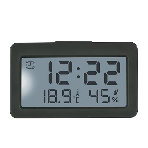 TFA Dostmann Digitaler Mini Wecker, 60.2045.10, mit Alarmfunktion, mit Thermometer und Luftfeuchtigkeitsmesser, ideal als Reiseuhr, für Klausuren, Quarzuhr, Tischuhr, klein und kompakt, grau