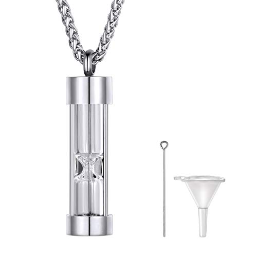 Richsteel Feuerbestattung Asche Urne Schmuck aus 316L Edelstahl Silber Sanduhr Glasanhänger Andenken mit 55+5CM Weizenkette für Damen und Herren