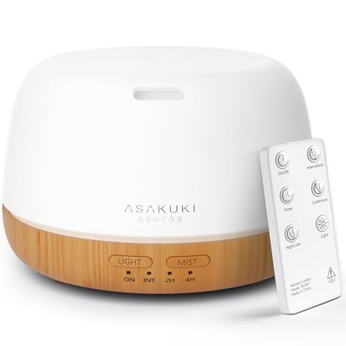 ASAKUKI Aroma Diffuser, 300ML Ultraschall Aromatherapie Diffusor für Ätherische Öle, Luftbefeuchter mit Fernbedienung, Automatische Abschaltung bei Wasserlosem Zustand, und 7 Arten LED Lichtfarben