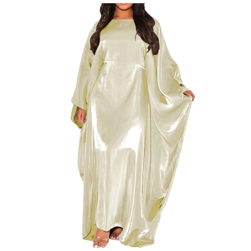 2025 - Frauen Sommer Batwing Ärmel Satin Abaya Islam Muslim Maxi Kleid Kaftan Muslimische Gebetskleid (Beige, One Size)