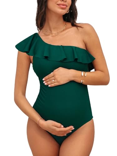 CUPSHE Damen Schwangerschafts Badeanzug One Shoulder Volants Abnehmbare Träger Asymmetrische Einteilige Umstandsbademode Swimsuit Smaragdgrün L