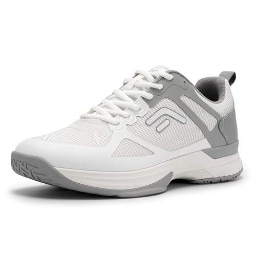 FitVille Herren Tennisschuhe Extra Weit Sportschuhe rutschfeste Hallenschuhe Atmungsaktive Badminton Schuhe Bequeme Fitnessschuhe Sneaker für Breite Füße,Weiß mit Grau,44 EU,Weit