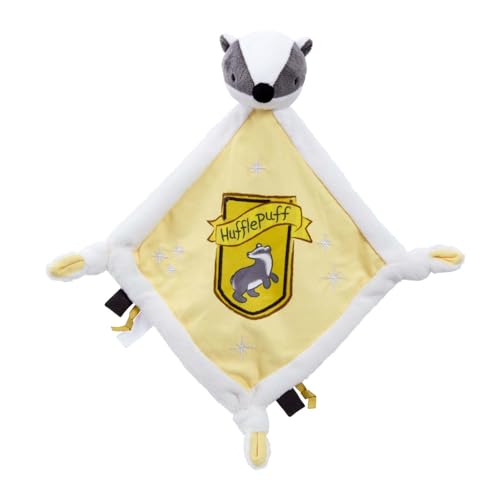 Rainbow Designs Harry Potter Hufflepuff Schmusetuch für Neugeborene - Weiche Plüsch-Schmusetuch mit Dachskopf und Wappen - Baby Kuscheldecke mit geknoteten Ecken & taktilen Tags