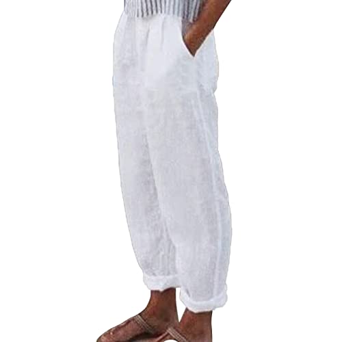 2025 - Solide Leinenhose für Damen, lässige Baggy-Hose mit elastischer Taille weitem Bein Taschen Hose Damen Sommer Weites Bein (White, XL)