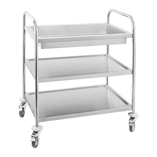 Royal Catering - Servierwagen Küchenwagen (2 Borde, 1 Abräummulde, 150 kg belastbar, 84,50 x 52,50 x 94,50 cm, 22,5 cm Abstand, Leichtlaufräder, Feststellbremse, Edelstahl) Silber