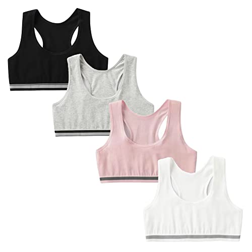 FedMois 4er Pack Mädchen Sport BH Bustier Baumwolle, Grau, Schwarz, weiß und Rosa, 8-10 Jahre (Herstellergröße M)