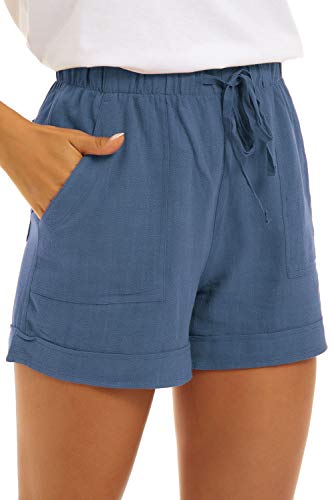 FANGJIN Shorts Damen Kurze Hosen Große Lounge Hose Elastische Taille Süße Reise Leinen Sommer Gürtel Leichte Kordelzug Sommerlaufhose Dusty Blau M