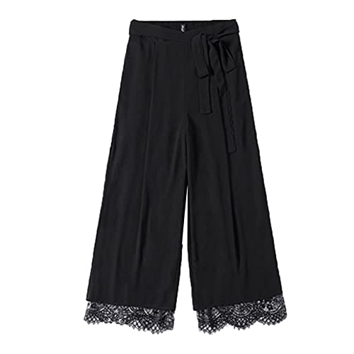 Damen Relaxed Schwarz Chiffon Weitbein Hose Plus Size Side Split Lace Stitching Hosen Hohe Taille Loose Hosen (Schwarz,XL)