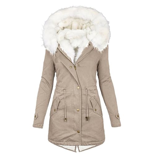 EMATOP Wintermantel Damen Lang Warmer Jacke Baumwolle Einfarbig Wanderjacke mit Kapuze Wintermantel Langarm Elegant Steppmantel Herbst Winter Outdoor Baumwolljacke Kuschelig Winterparka Mantel