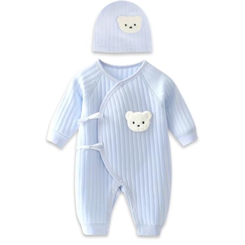 1 Pack Baby Bodysuit, 1-3 Months Neugeborenes Baby warme Baumwolle Bodysuit mit Hut, 100% Baumwolle Kleinkind Homewear verdickt Frühling und Herbst Kleidung (Blau, 1-3Months)