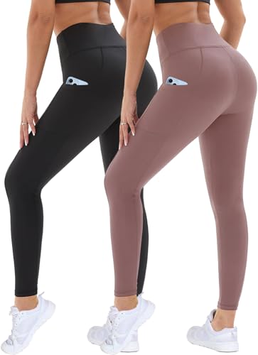 DDOBB 2er Pack Sport Leggings Damen High Waist Sportleggins Damen Lang Mit Taschen Gym Leggings Blickdicht Schwarz Sporthose Elastische Bauchweg Yogahose Fitness Laufhose(Schwarz+Rosa,S-M)