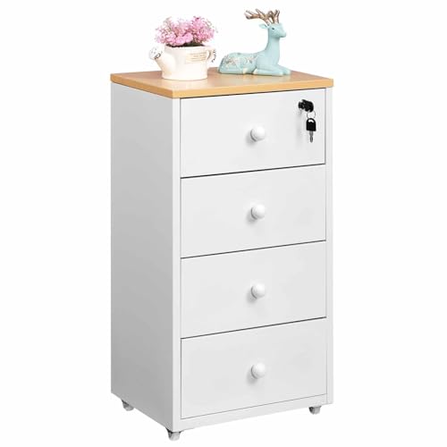 HollyHOME Mobile Aktenschränke, abschließbarer Aktenschrank mit 4 Schubladen, Metall-Aufbewahrungsschrank mit Rollen für das Home Office im Briefformat A4,Weiß