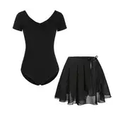 FONLAM Mädchen Ballettkleid Balletttrikot Kurzarm Tanzkleid Tanzbody Turnanzug Ballettrock Tutu Kinder Ballettanzug Baumwolle (11-12 Jahre, Schwarz)