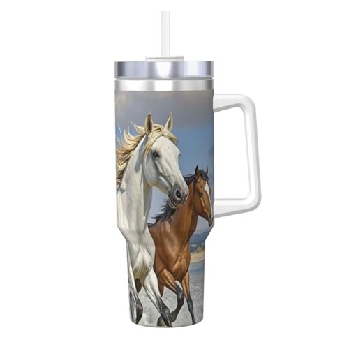 STVYUKL Pferde Running Art Becher mit Griff und Strohhalm, vakuumisoliert, Edelstahl, doppelwandige Wasserflasche, stilvolle Reise-Kaffeetasse, Becherhalter, freundliche Basis für Damen und Herren