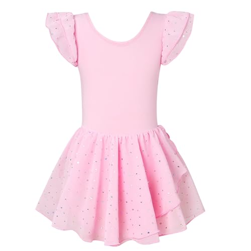 ALISISTER Kinder Ballettkleidung Mädchen Ballettkleid Baumwolle Ballettanzug Kurzarm Ballett Trikot Tanzkleid Ballettbody mit Chiffon Tütü 4-5 Jahre