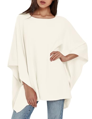 PULI Damen Pullover Poncho Elegant Viskose Strick Locker sitzend Poncho Schal Elfenbeinweiß