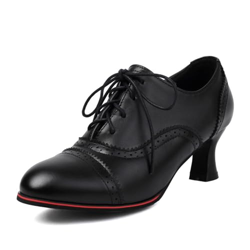 COOLCEPT Damen Vintage Wingtip Oxford Schuhe Perforated Schnüren Kitten Heel Schuhe mit Absatz Formal Business Low Top Stiefeletten Black Große 39