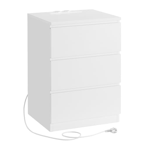 VASAGLE Nachttisch, Beistelltisch, 3 Schubladen, abgeschrägte Kante, 2 AC-Steckdosen, 2 USB-Anschlüsse, Wohnzimmer, Schlafzimmer, Arbeitszimmer, modern, wolkenweiß LET631W14