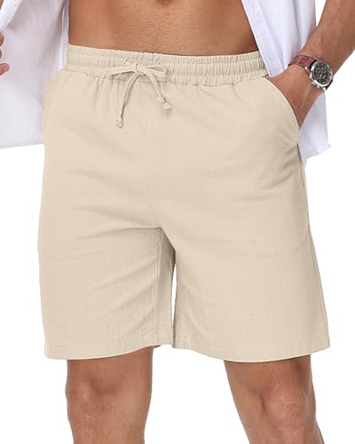 LVCBL Leinen Shorts Herren Kurze Hose mit 3 Tasche Bermuda Hose Sommer Khaki M