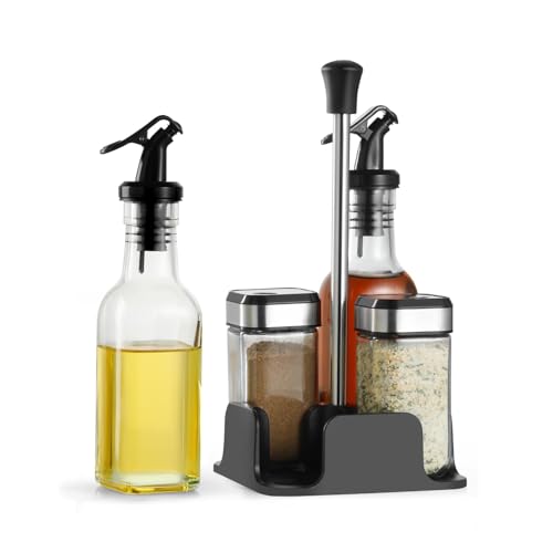 SIAZIH Drehbares Gewürzgläser Set, 2 x 120 ml Gewürzgläser eckig, 1 x Gewürzregal, 2 x 200 ml Essig-Öl-Flaschen, Gewürzdosen für Gewürze, Salz