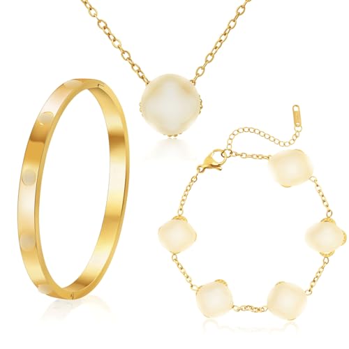 18K Vergoldet Vierblättriges Kleeblatt Armband, 18K Vergoldet Vierblättriges Kleeblatt Anhänger Halskette, Gold Armband Cubic Zirkonia Armreif, 3 PCS Schmuck Set für Geschenke Geburtstags (A)