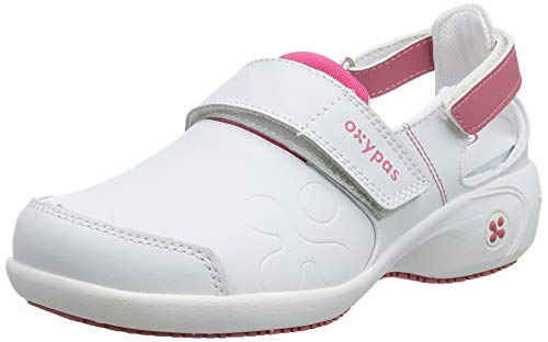 Oxypas Arbetsschuhe aus Leder - Salma - Sicherheitsclog für Damen, rutschfeste und Bequeme Schuhe ideal für Krankenhaus und Pflege, Weiss Rosa, 37 EU