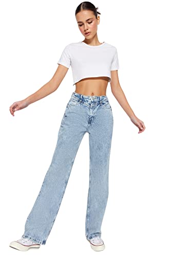 TRENDYOL Damen Taille Detaillierte Hohe 90er Jahre Breite Beinjeans Jeans, Blau, 36 EU