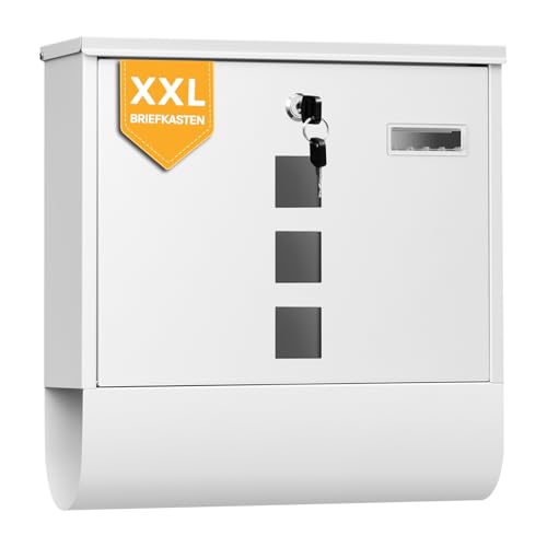 WOLTU Briefkasten mit Zeitungsfach Sichtfenstern, Postkasten mit Namensschild personalisiert, Wandbriefkasten abschließbar, inkl. 2 Schlüssel, modern, Weiß, 37x37x11 cm