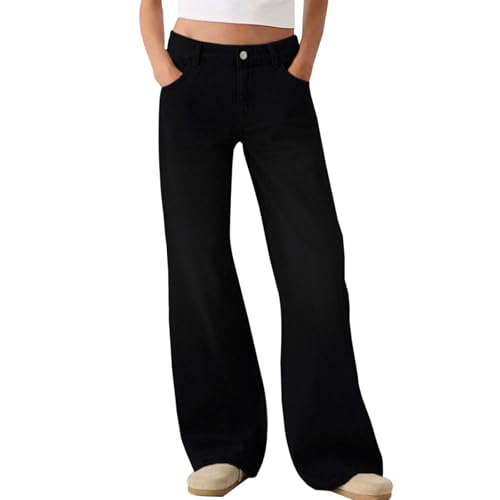Generisch 2025 Lockere, weit geschnittene, einfarbige, lässige und vielseitige Jeans für Damen New Klamotten (Black, XXL)