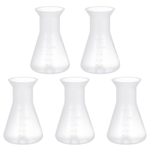 ULTECHNOVO 5 PCS Plastic Erlenmeyer Flask Narrow Neck, Flask Experiment Accessories Tableware borosilicate shot glasses in laboratory design for School Laboratory Scientific Project , 50ml