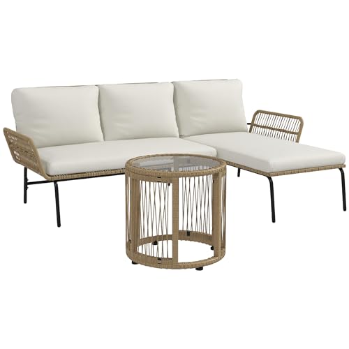 Outsunny 3-TLG. Rattan Gartenmöbel-Set, Gartengarnitur mit Liegestuhl, Couchtisch, Zweisitzer, Gartenset mit Sitzkissen, Balkonmöbel-Set für Garten, Terrasse, Creme