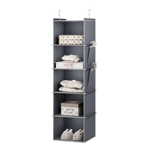 YOUDENOVA Hängeregal Schrankorganizer Stabiler Kleiderschrank Organizer Hängeaufbewahrung Ordnungssystem mit MDF-Platten und Bambus-Stock verstärkt 5 Fächer Grau