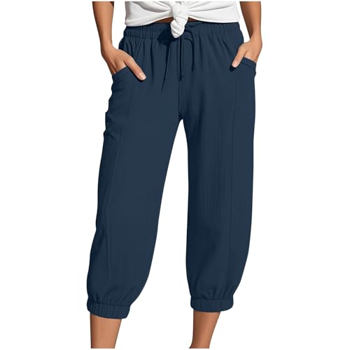 Nuoke Strandkleid Damen, Musselin Hose Sommerhose Damen Leicht Sommer Leinen Shorts 2025 Beach Kurze Hosen Mit Taschen Stoffhose Kleid Stretch Gerades Bein Kordelzug Leinenhose Bluse, Marine XL