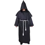 Myir JUN Mönch Robe Kostüm Mönch Priester Gewand Halloween Kostüm mit Kapuze Mittelalterliche Kapuze Herren Männer Mönchskutte (Schwarz, X-Large)