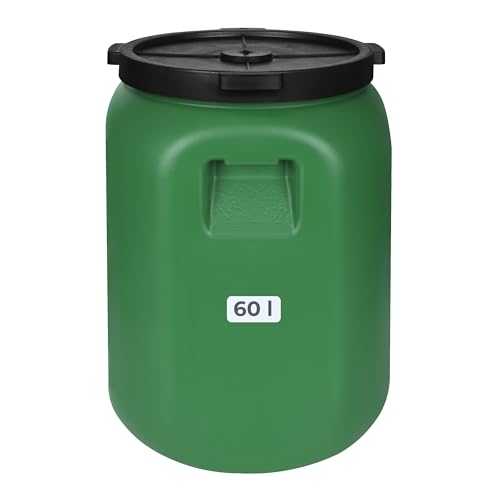F & R Regentonne mit Deckel 60 Liter aus HDPE I Futtertonne Pferd I Wassertank Fass Tonne mit Deckel I Regenfass für Garten I Regenwassertonne I Wassertonne I Gärfass I Regenwassertank