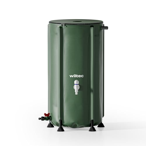 Wiltec Faltbare Regentonne 100 l mit Deckel, Regenfass aus 620 g/m² PVC, Regenwassertank mit Wasserhahn, Wasserspeicher Garten mit Schlauchanschluss